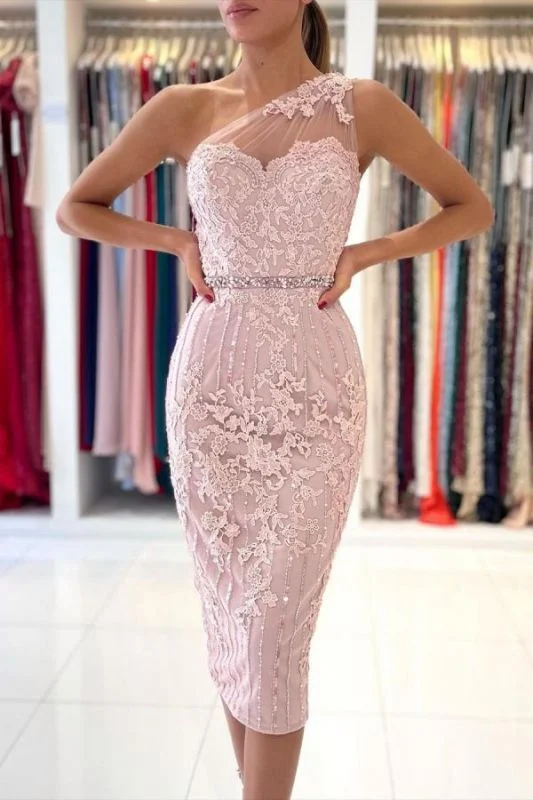 off shoulder evening dress orange -One Shoulder Light Purple Mermaid Short Prom Dresses With Lace Appliques c3165