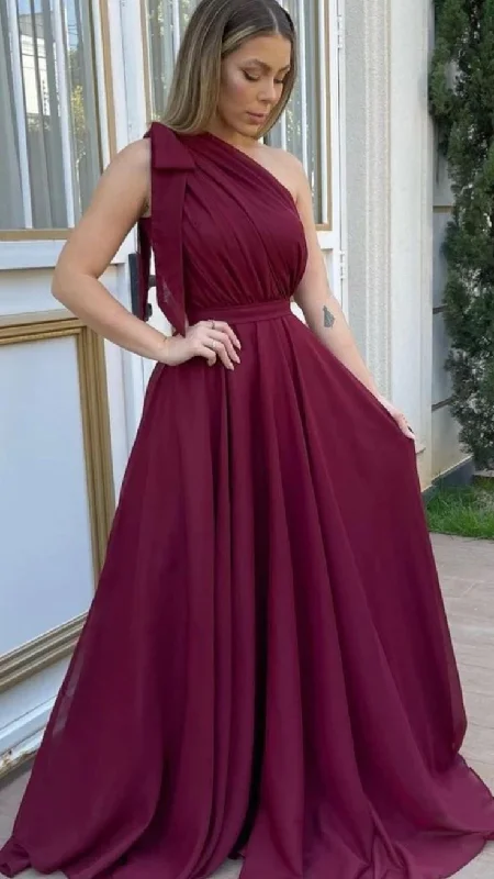 chic evening dress for summer -One Shoulder Maroon Chiffon Long Prom Dresses, One Shoulder Formal Evening Dresses cc783