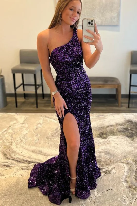 trendy evening dress for summer -One Shoulder Purple Sequin Mermaid Long Formal Dress cc228