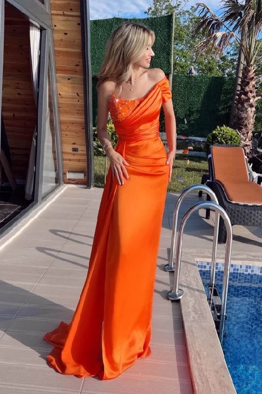 designer evening dress for summer -Orange One Shoulder Beadings Prom Dress Mermaid Ruffles With Split cc672