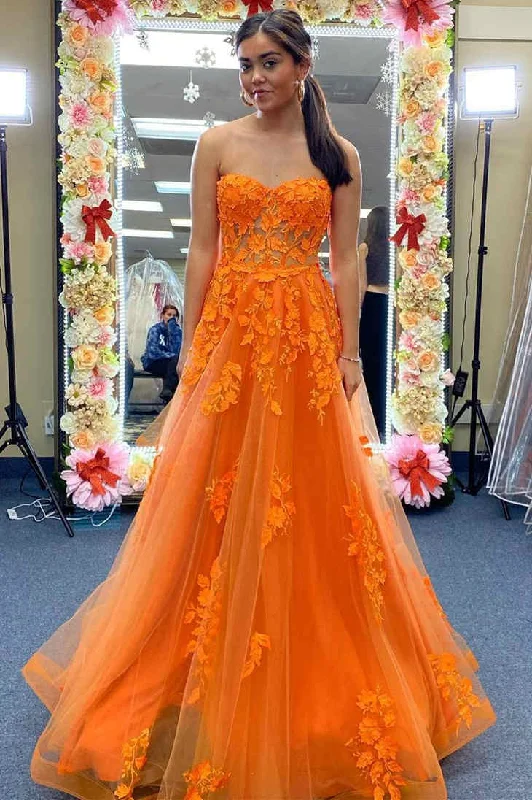 gold evening dress for summer -Orange Strapless A-Line Prom Dress with Appliques cc453