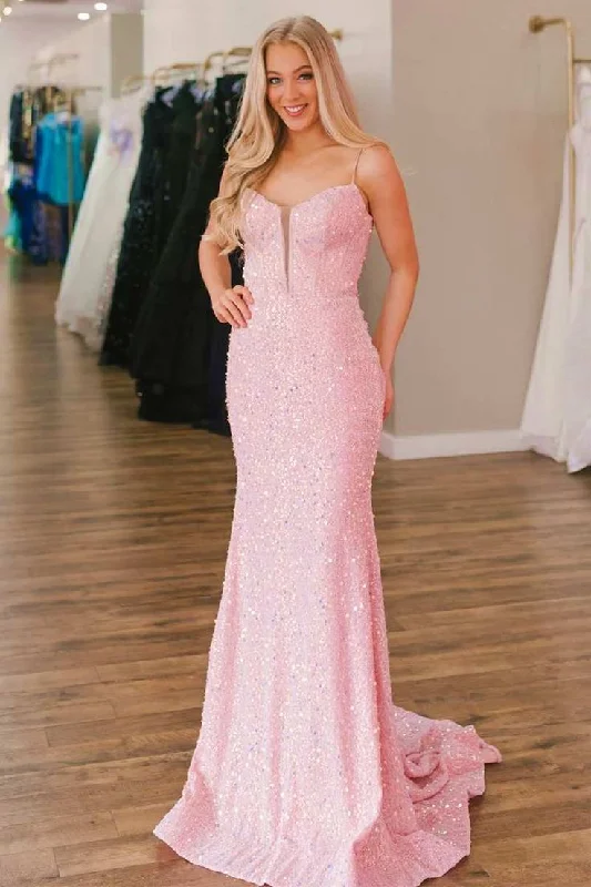 lace evening dress for summer -Pink Sequin Split Neck Mermaid Long Prom Dress cc782