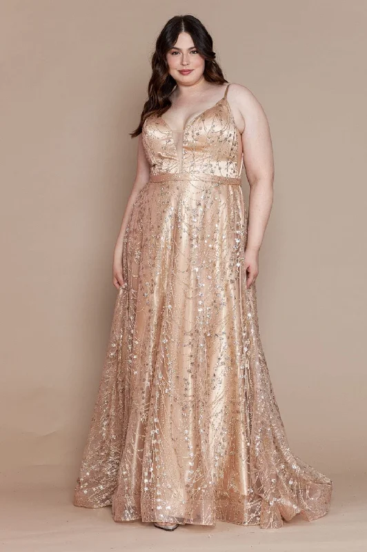 gold evening dress for summer -Plus Size Long Glitter Mesh Dress by Poly USA W1004