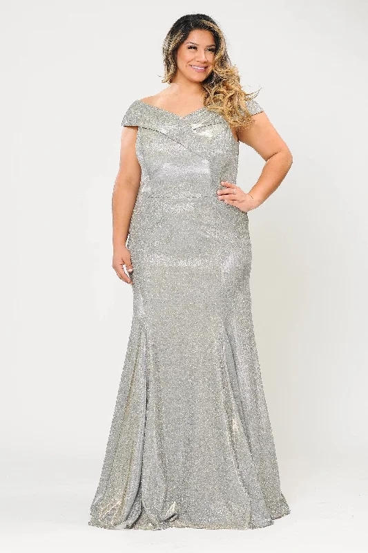 lace evening dress for summer -Plus Size Off Shoulder Glitter Mermaid Dress by Poly USA W1042