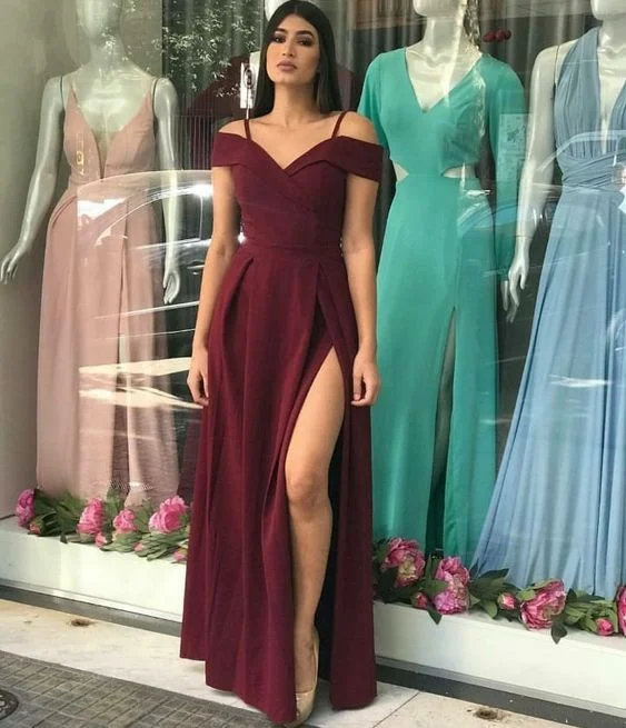 white evening dress for summer -Popular Burgundy Slit Off Shoulder Party Formal Prom Dress cc914