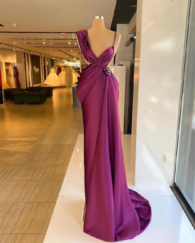 affordable evening dress for summer -Purple Evening Dresses Beaded Crystals Ruched Pleats Satin Summer Spaghetti Strap Custom Made Prom Gown Formal Party Occasion Wear c3274