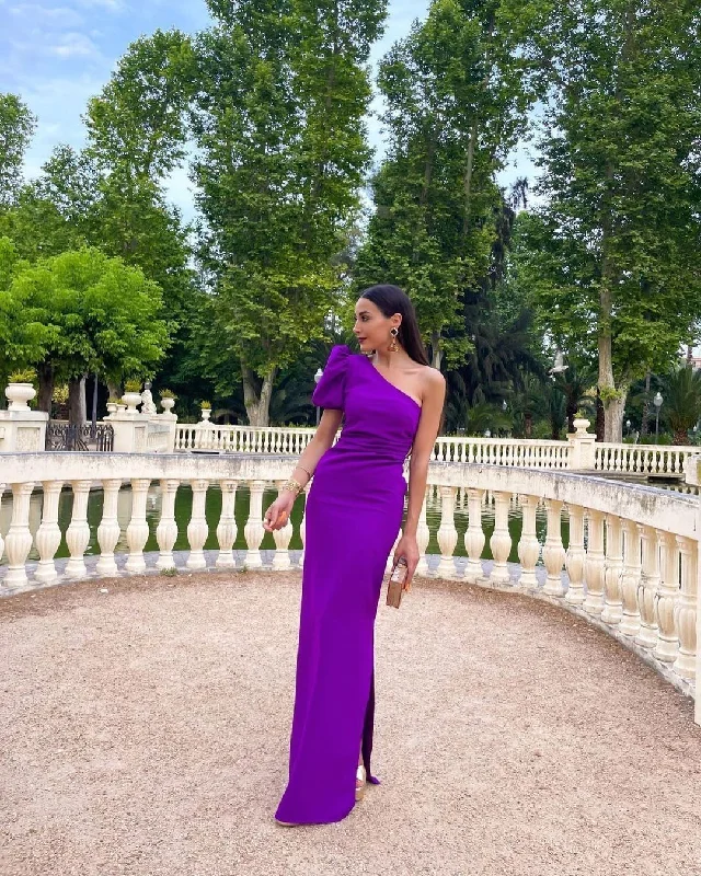 satin evening dress for summer -Purple One Shoulder Long Prom Dress,Purple Wedding Guest Dress  cc660