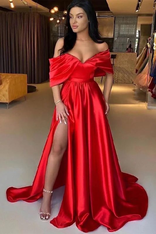 designer evening dress for summer -Red A Line Off The Shoulder Prom Dress Split cc457