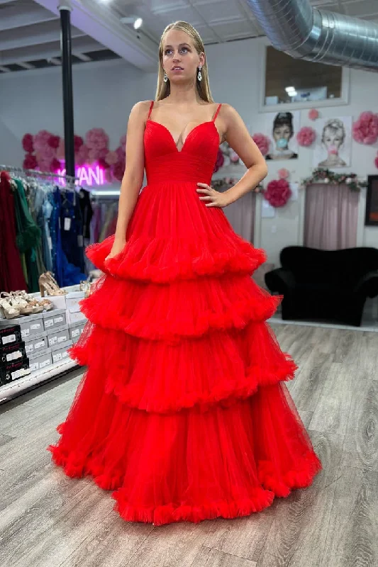 formal evening dress for summer -Red A-line Ruffle Layers Plunging V Neck Straps Long Prom Dress cc539