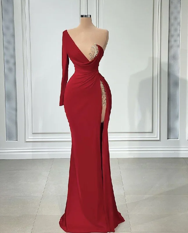 formal evening dress for summer -Red One Shoulder Long Sleeve Evening Dress Women High Split Dubai Prom Dresses Wedding Guest Party Gowns  cc648