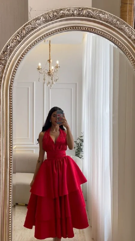 stylish evening dress for summer -Red Prom Dresses Saudi Arabia Dubai Evening Dress V-Neck Tiered A-Line Sleeveless Floor-Length cc598