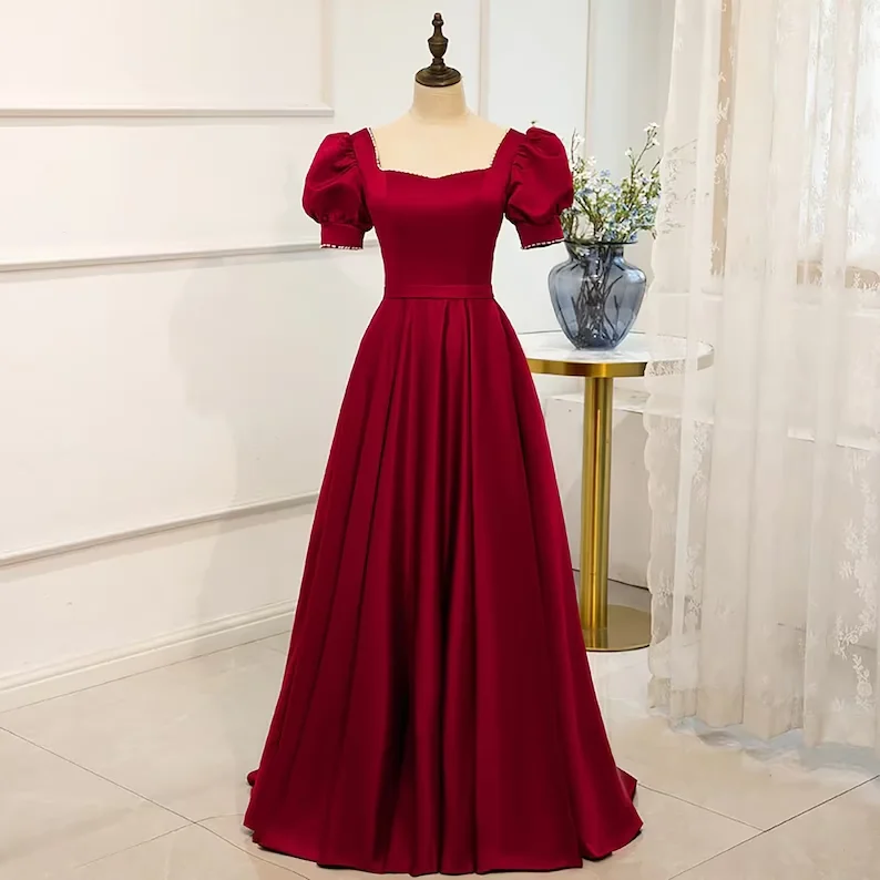 sequin evening dress for summer -Red Satin Prom Dress Red Dress Puff Sleeve Victorian Dress  cc287