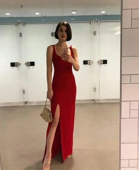 elegant evening dress for summer -Red Simple Prom Dress With Side Split Elegant Evening Dress cc282