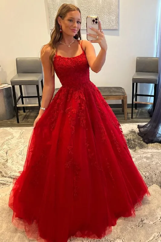 off shoulder evening dress orange -Red Spaghetti Straps Long Prom Dress with Appliques cc451