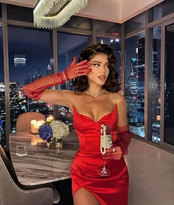 red evening dress for date -Red Sweetheart Long Prom Dress Glamorous Evening Dress Without Gloves cc445