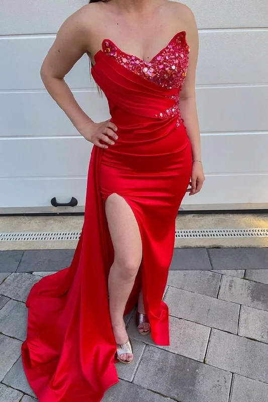 gold evening dress for summer -Red Sweetheart Long Sequins Mermaid Prom Dress Slit With Ruffles cc882