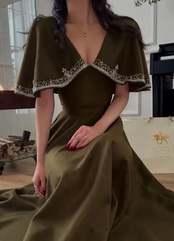 off shoulder evening dress green -Retro Style V Neck Long Prom Dress,Winter Dance Dress cc578