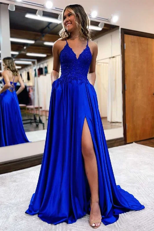 simple evening dress for prom -Royal Blue Lace Lace-Up Long Prom Dress cc396