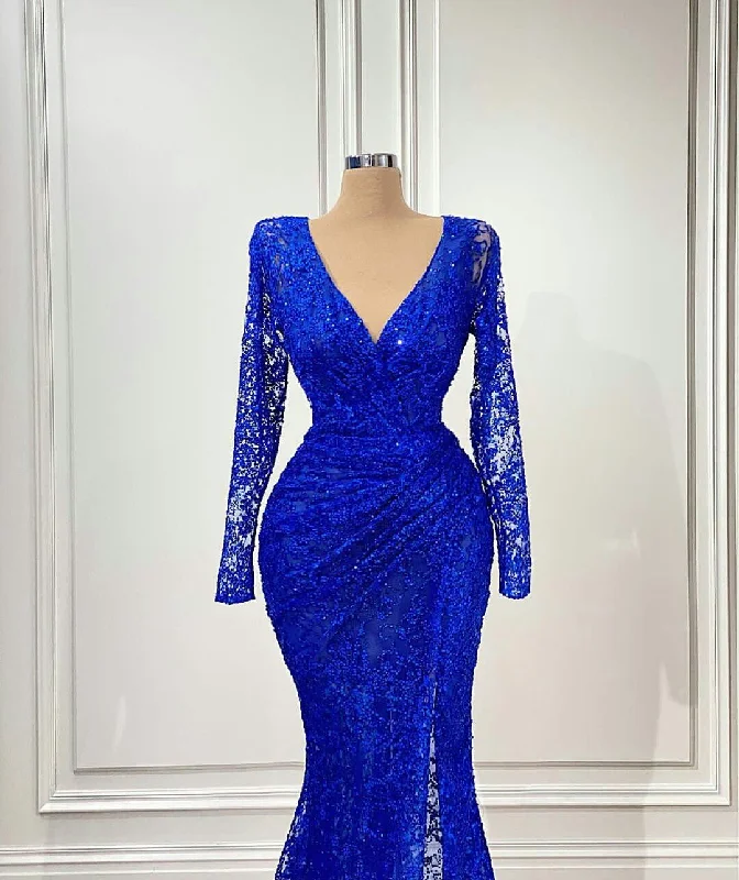 vintage evening dress for summer -Royal Blue Mermaid Evening Gowns V Neck Long Sleeve Side Split Evening Gowns Red Carpet Illusion Prom Dress c2872