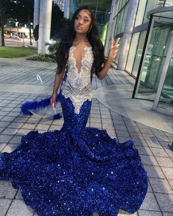 affordable evening dress for summer -Royal Blue Sequins Mermaid Prom Dress Formal Evening Occasion Gowns cc950