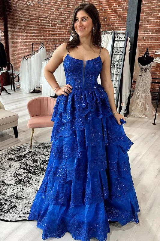 short evening dress for summer -Royal Blue Straps Tiered A-Line Prom Dress with Sequins  cc738