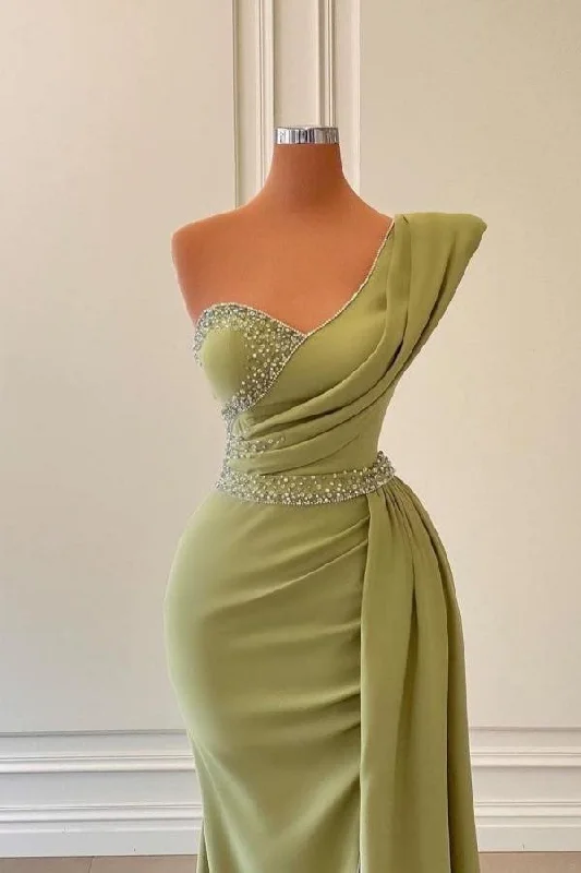 floral evening dress for summer -Sage One-Shoulder Split Mermaid Prom Dress With Beadings c2961