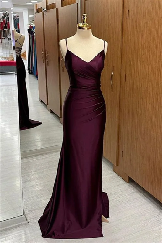 gold evening dress for events -Satin V Neck Lace-Up Back Pleated Long Prom Dress cc641