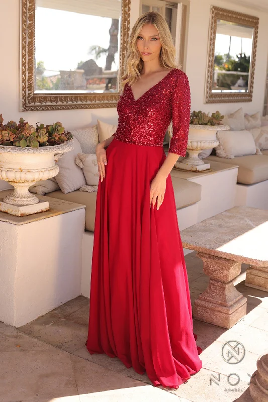 red evening dress for summer -Sequin Bodice 3/4 Sleeve A-line Gown by Nox Anabel MF103