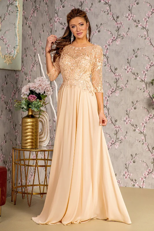 off shoulder evening dress chic -Sequin Embroidered 3/4 Sleeve Gown by GLS Gloria GL3446