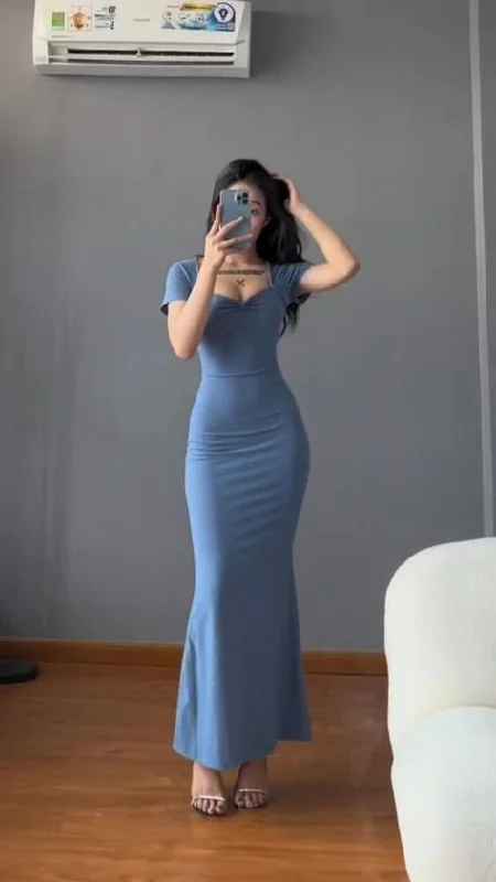 elegant evening dress for summer -Sexy Blue Bodycon Dress,Blue Long Prom Dress cc853