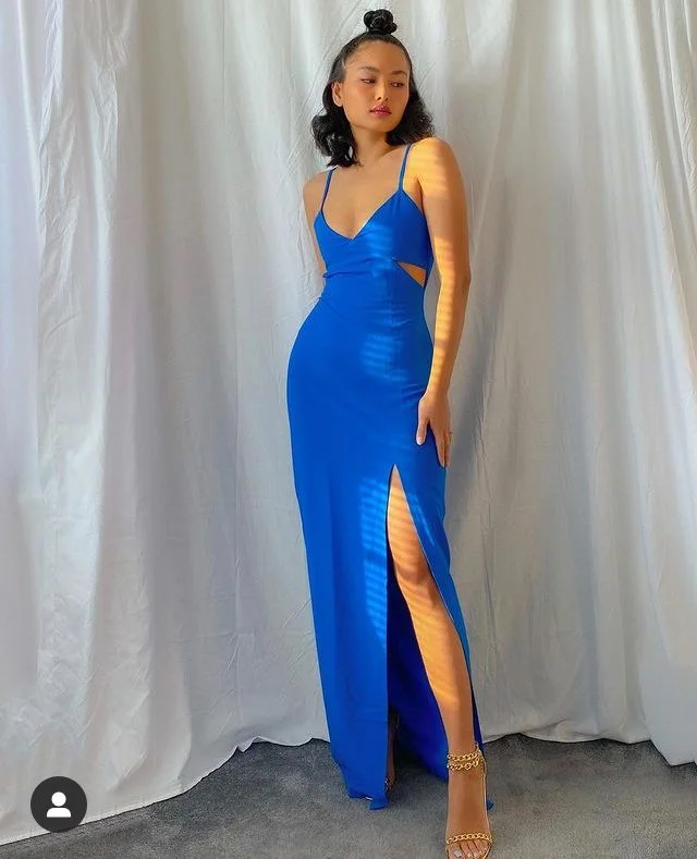 formal evening dress with pearls -Sexy Blue Spaghetti Straps Prom Dress With Split,Fashion Prom Gown  cc634