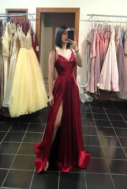 plus size evening dress for summer -Sexy Burgundy Satin Spaghetti Straps Sleeveless Side Slit A-Line Long Prom Dress cc945