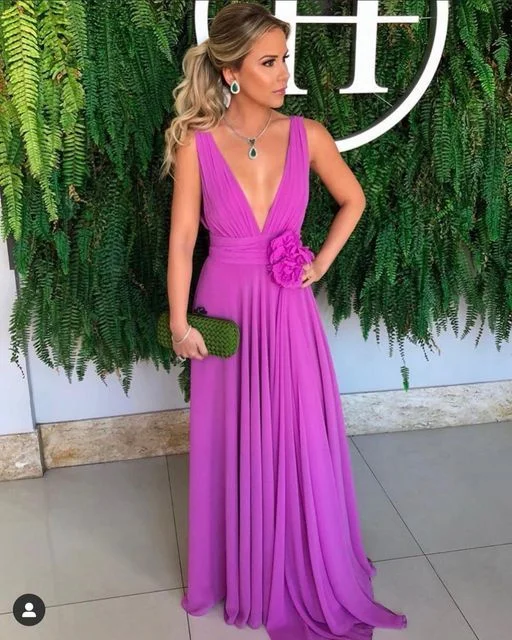 gold evening dress for summer -Sexy Deep V Neck Purple Prom Dress,Wedding Guest Outfit  cc700