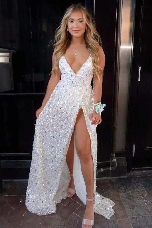 stylish evening dress for summer -Sexy Deep V-Neck White Sequined Prom Dress c3456