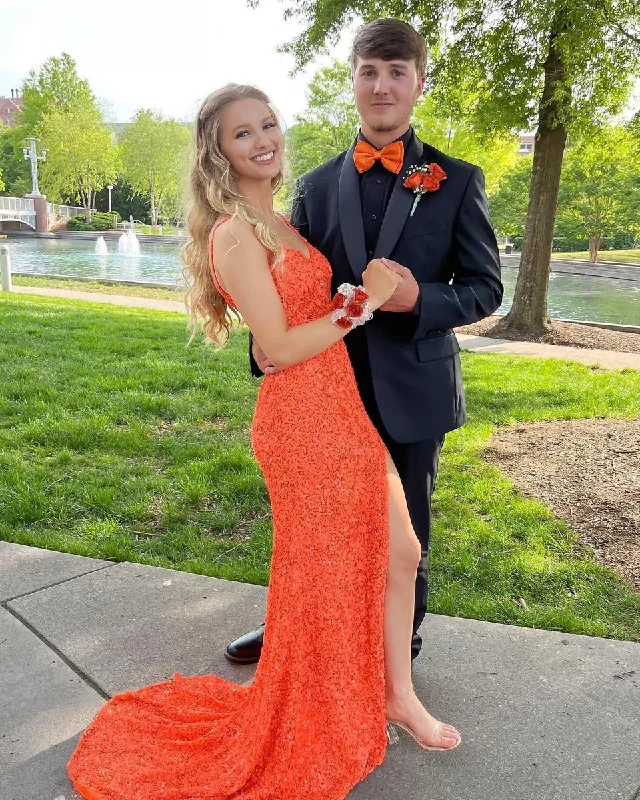 lace evening dress for summer -Sexy Orange Mermaid Side Slit Long Prom Dress cc520