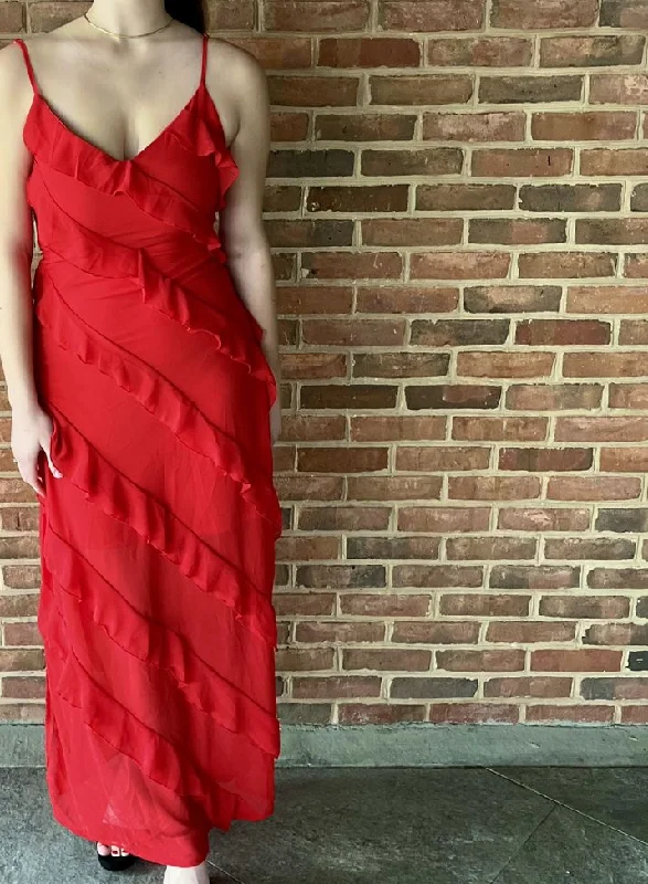 elegant evening dress for summer -Sexy Red Flounce V Neck Prom Dress,Red Formal Gown cc524