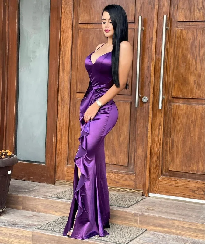 velvet evening dress for summer -Sexy V-neck Purple Backless Prom Dress,Purple Gala Dress cc773