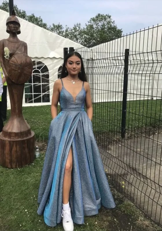 satin evening dress for summer -Shiny Blue Sexy V Neck Formal Evening Long Prom Party Dress,Spaghetti Straps Back Open Prom Dress c2920