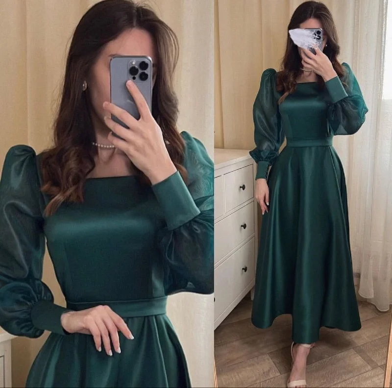 simple evening dress for summer -Simple A-line Green Square Neckline Satin Prom Dress cc581