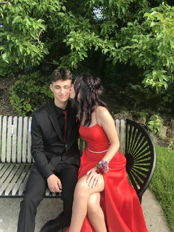 elegant evening dress for summer -Simple A Line Red Long Prom Dress with Slit,Red Long Formal Graduation Evening Dress cc837