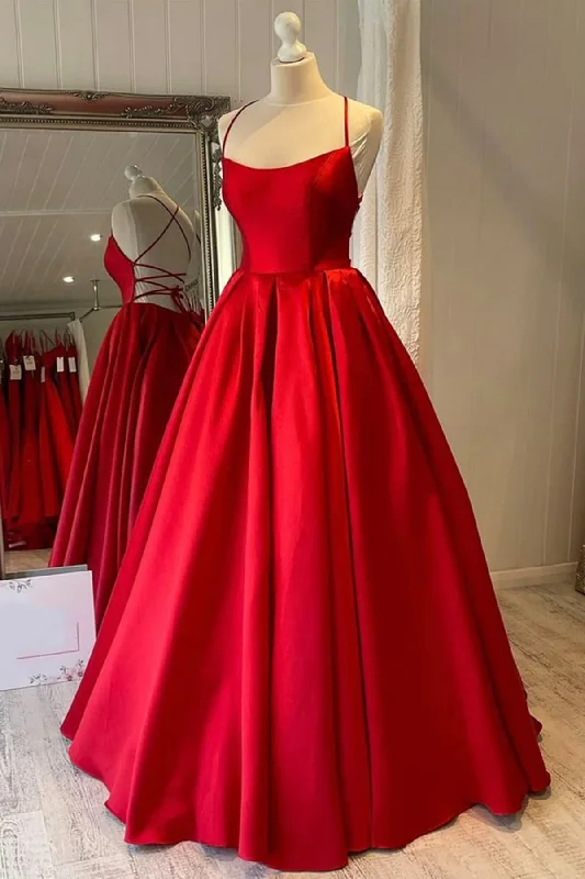 chic evening dress for prom -Simple Backless Red Satin Long Prom Dresses, Long Red Formal Graduation Evening Dresses c3445