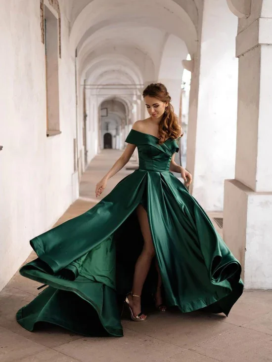 trendy evening dress for summer -Simple green off shoulder satin long prom dress, green evening dress cc86