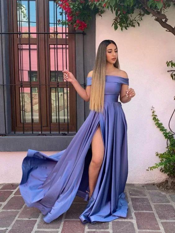 formal evening dress for prom -Simple off shoulder purple satin long prom dress, purple evening dress cc610