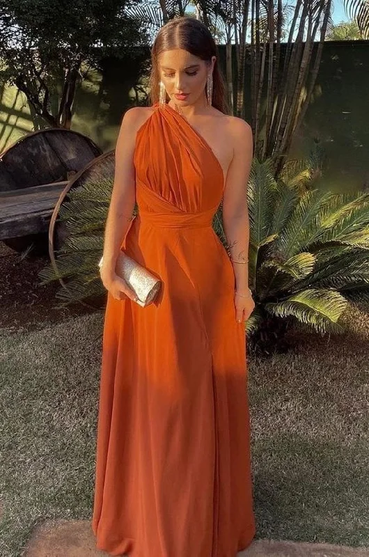 long evening dress for prom -Simple One Shoulder Burnt Orange Long Evening Prom Dresses, Custom Prom Dress cc617