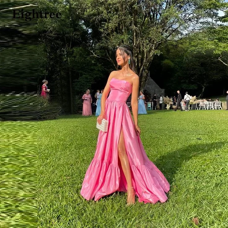 designer evening dress for summer -Simple Pink Long A Line Prom Dresses Strapless Sleeveless Club Gowns Side Slit Formal Party Night Evening Dress cc522