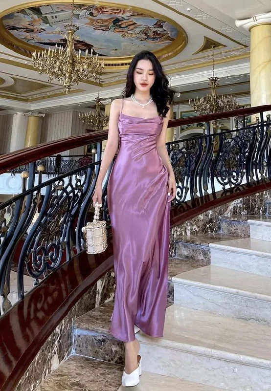 silver evening dress for summer -Simple purple evening dresses satin pleated long prom dress c2875