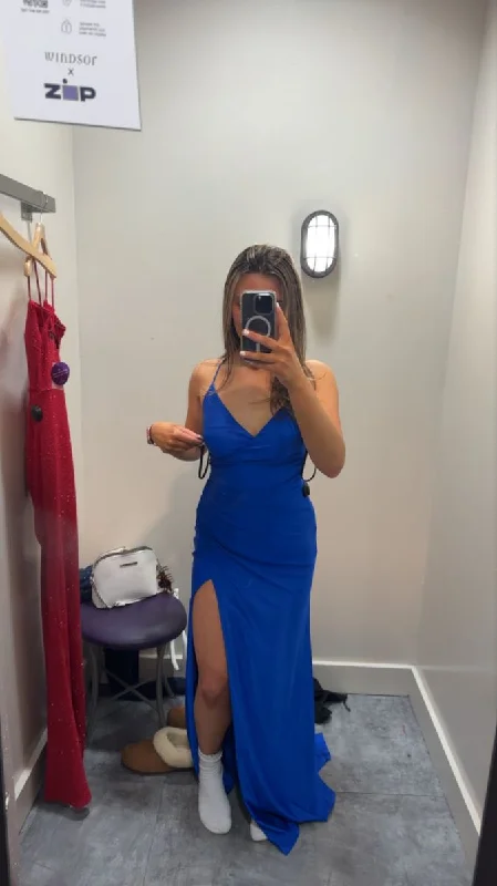 affordable evening dress for summer -Simple Royal Blue Sheath Prom Dress With Slit,Graduation Dress cc739