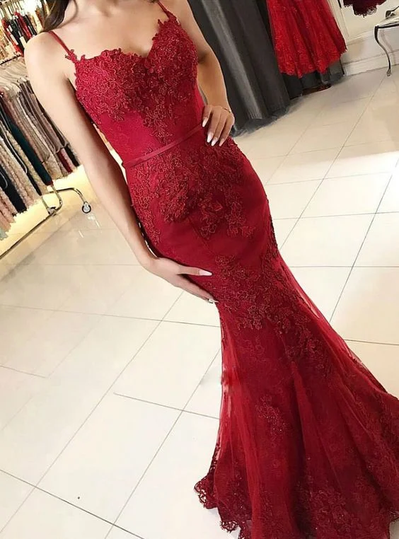 black evening dress for summer -Spaghetti Strap Burgundy Lace Appliqued Mermaid Prom Dresses cc481