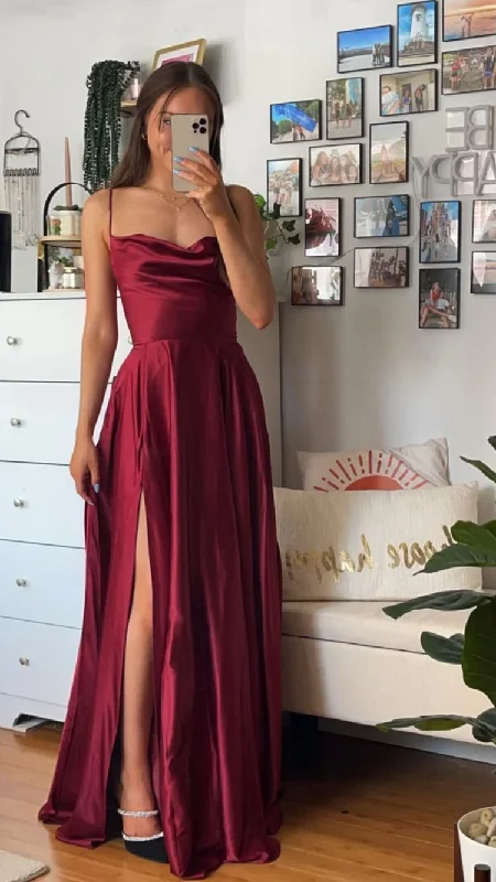 white evening dress for summer -Spaghetti Straps Burgundy Simple Prom Dress Elegant Prom Dress With Split cc116