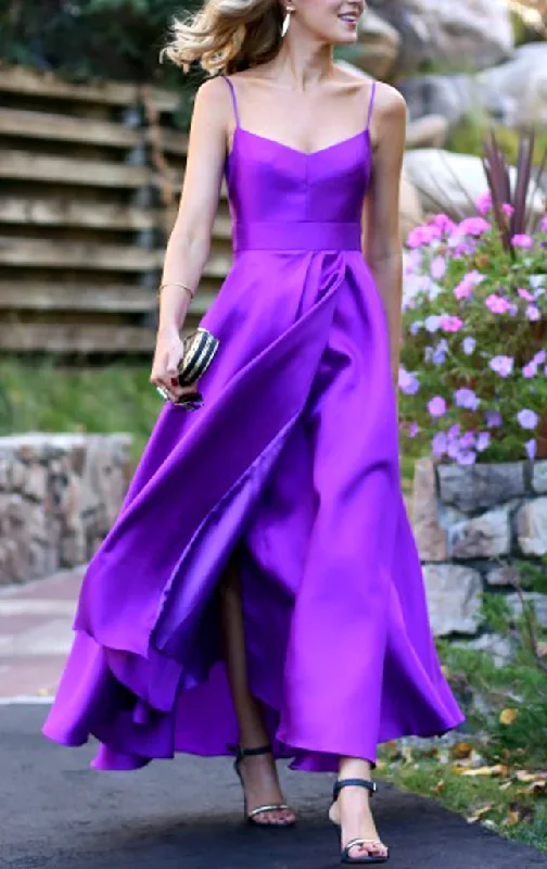 velvet evening dress for summer -Spaghetti Straps Purple Satin Prom Dress Tea Length Wedding Party Formal Gown c2848